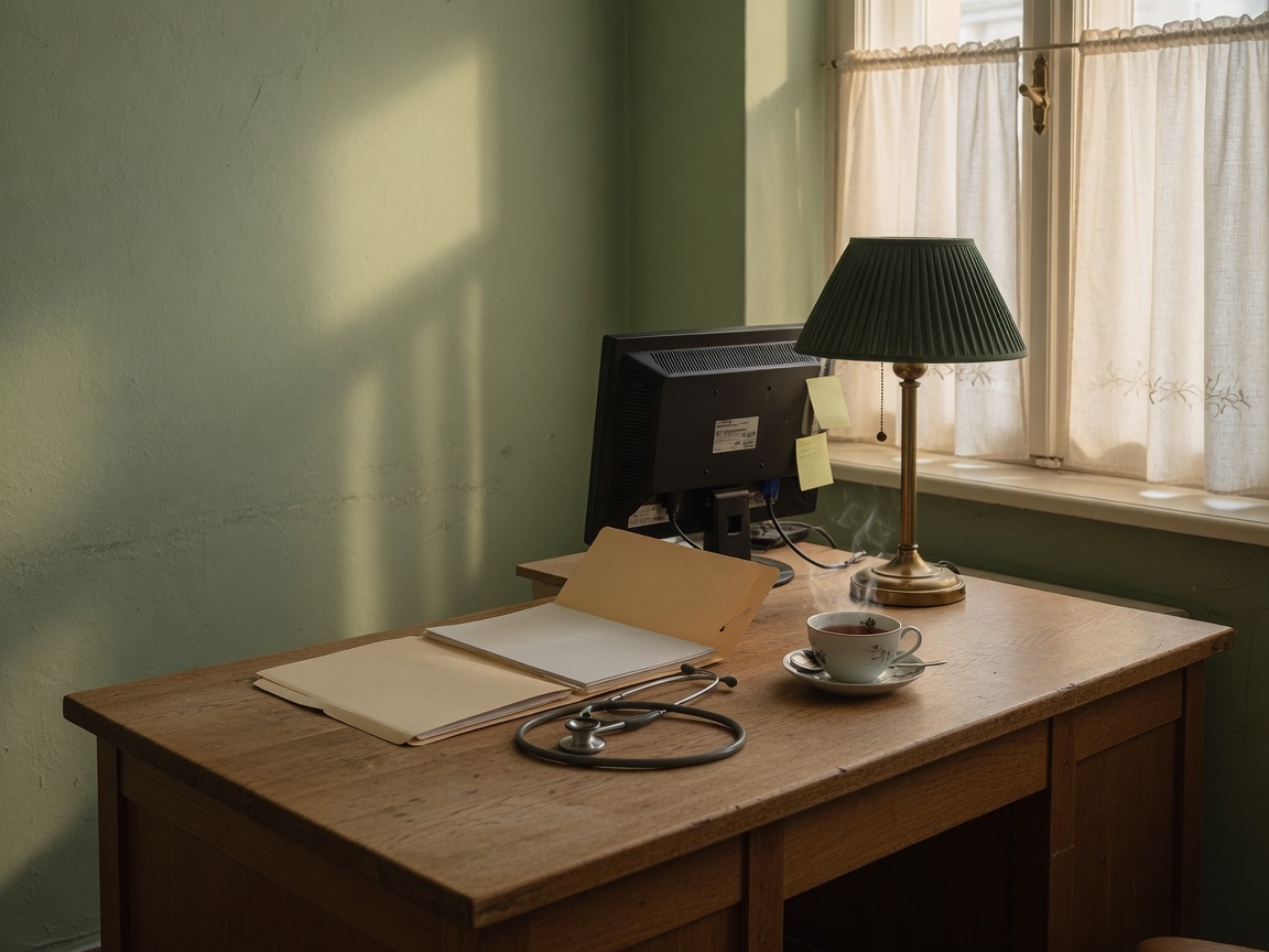 Sprechzimmer mit Schreibtisch, Stethoskop und Tageslicht