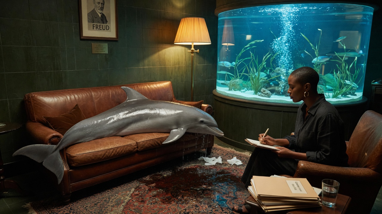 Ein Delphin auf der Couch, gegenüber sitzt die Therapeutin und macht sich Notizen. An der Wand: Freud.