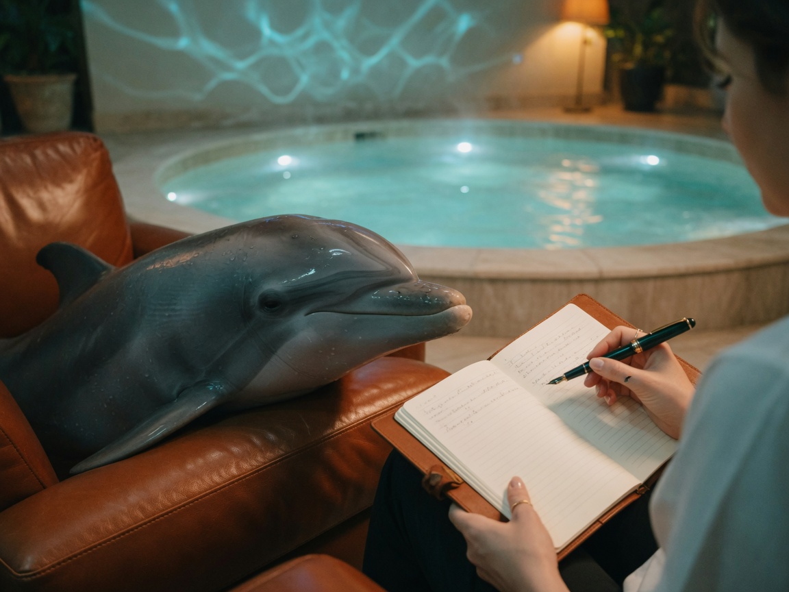 Sitzung: Delphin auf der Couch, Notizbuch im Vordergrund.